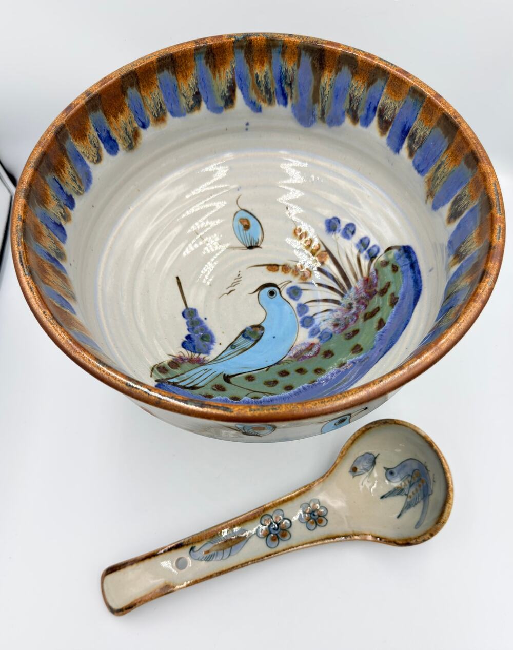 Folk-Art Ken Edwards Palomar Tonala Pottery Hand Painted Punch Bowl w/Ladle